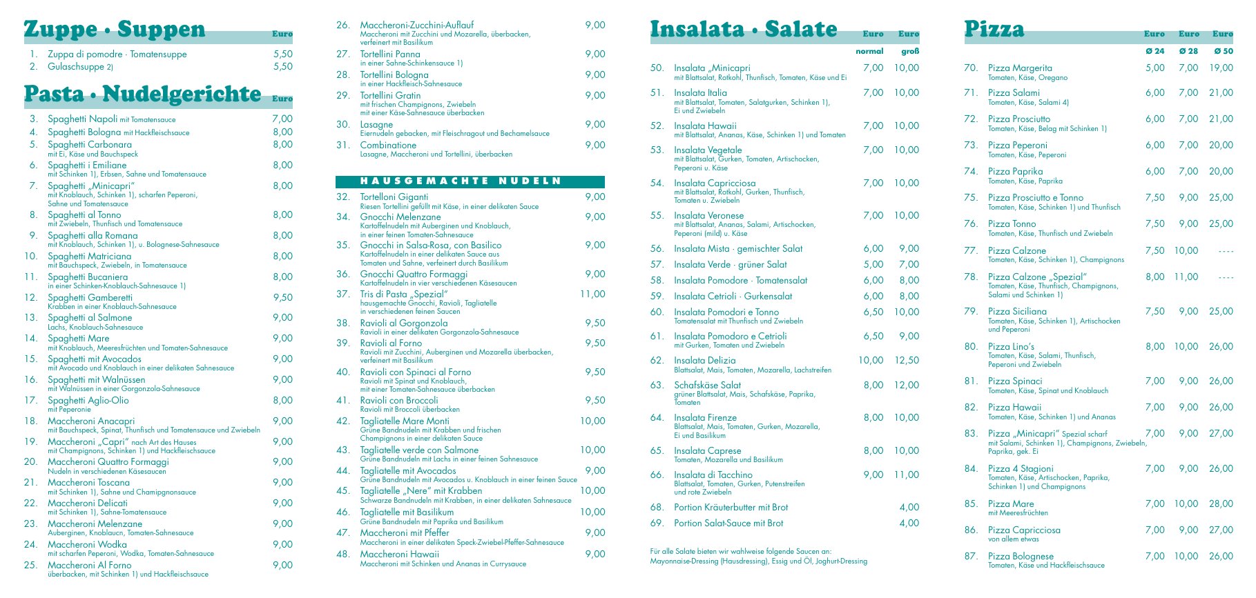 Speisekarte Pizzeria Mini Capri – Seite 1 von 2