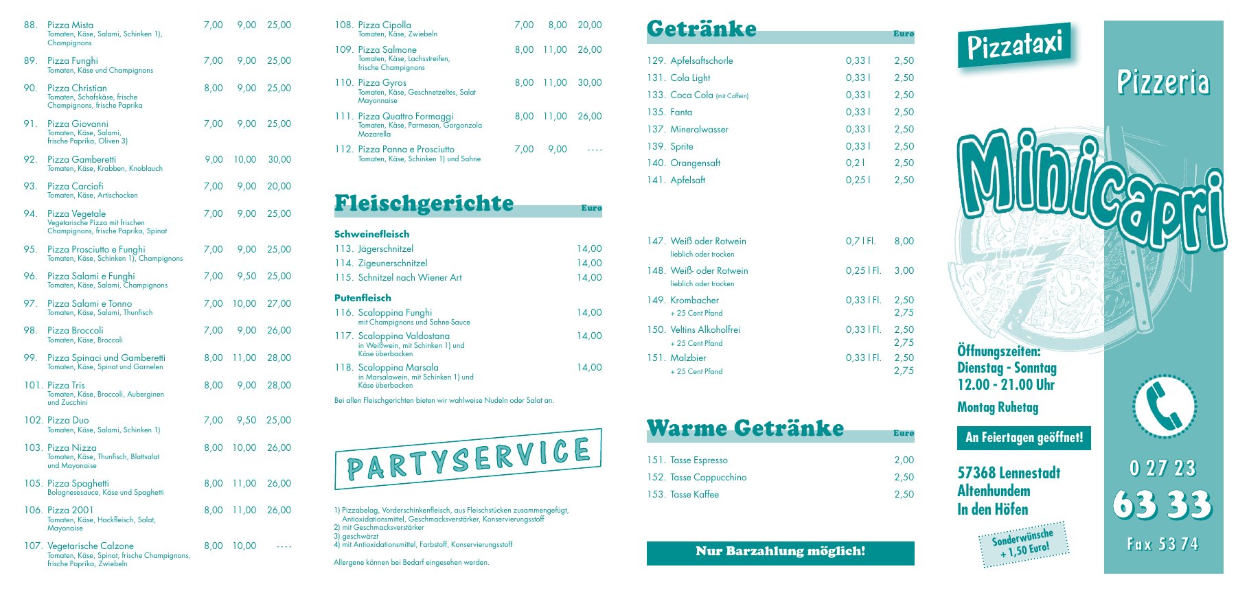 Speisekarte Pizzeria Mini Capri – Seite 2 von 2