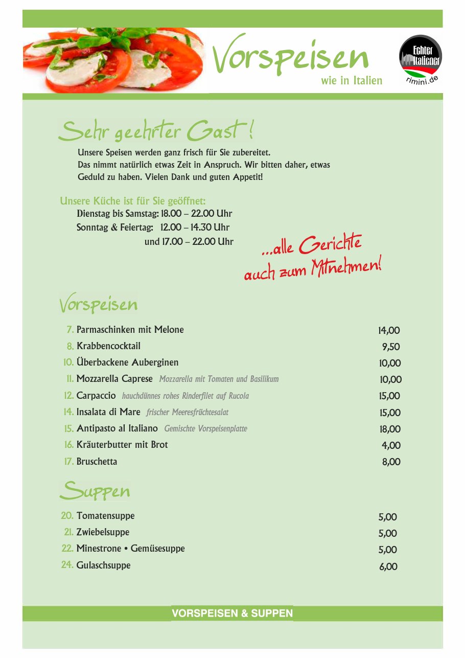 Speisekarte Pizzeria Rimini – Seite 1 von 11
